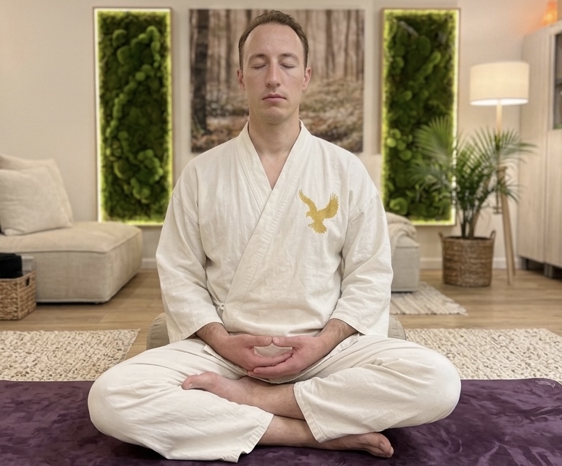 Dafydd Sanders in a seated meditation position, eyes closed, in Eagle DS training whites