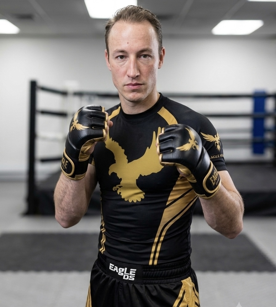 Dafydd Sanders in fight stance, gloved up, at the Eagle DS facility