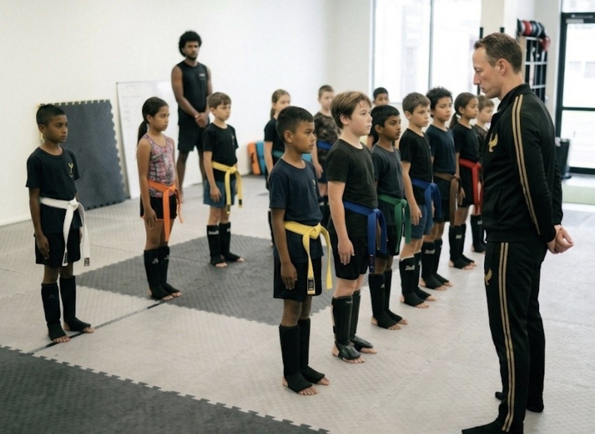 Kids training across belt grades at Eagle DS