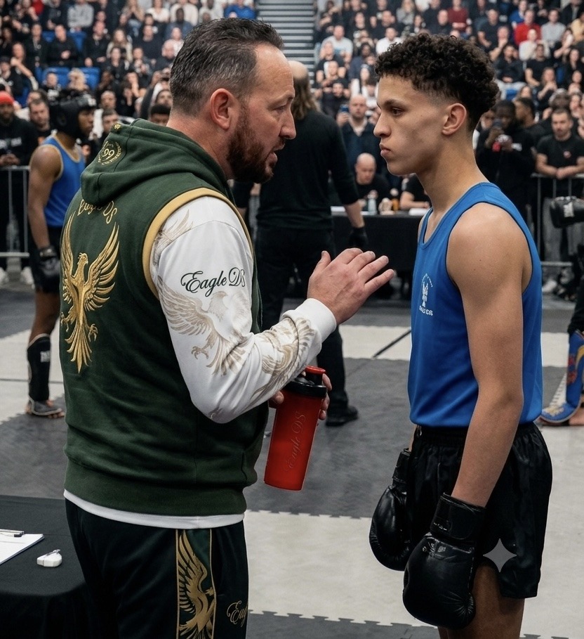 Coach speaking with a teen competitor before a bout